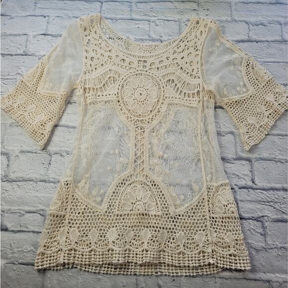 Ivory Crochet and Embroidered Sheer Top or Cover-up - Picture 1 of 13